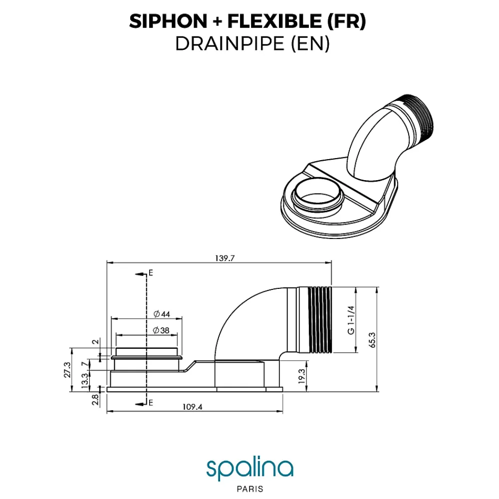 Spalina Evacuation De Baignoire-Accessoire Siphon extra plat + flexible 80x8x6cm, by