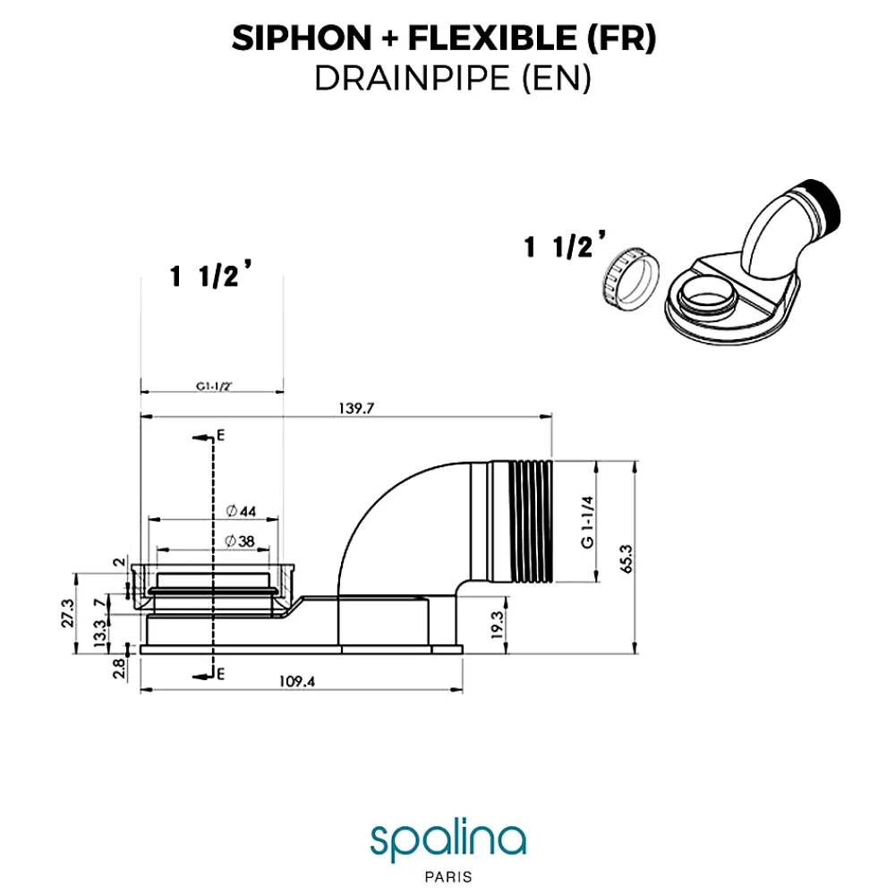 Spalina Evacuation De Baignoire-Accessoire Siphon extra plat + flexible 80x8x6cm, by