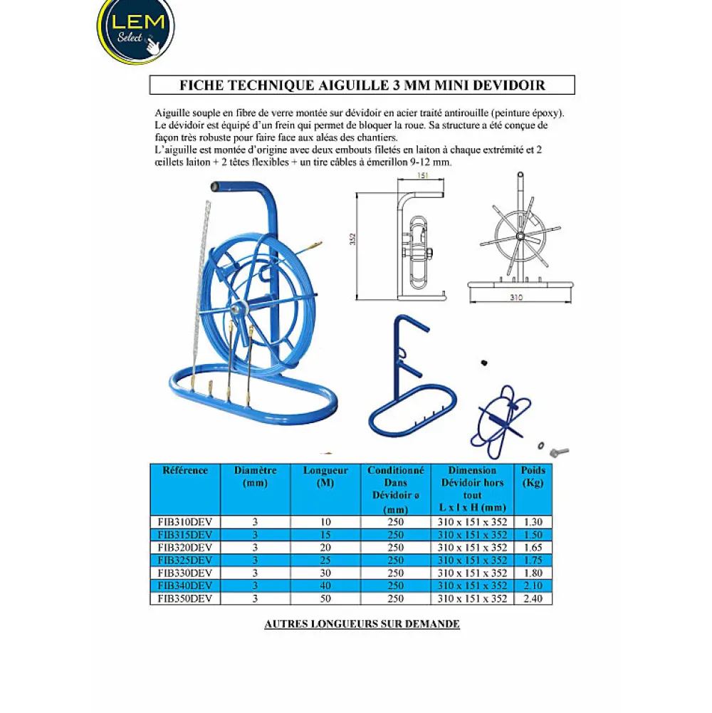 Lem Select Aiguille tire-fil 3 mm L 20 M sur mini dévidoir (avec accessoires)