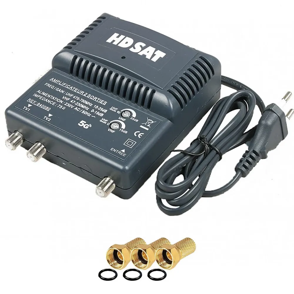 Hdsat amplificateur TNT 2 sorties Gain 25dB + 3 Fiches F