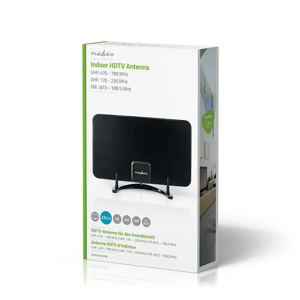 Nedis Antenne HDTV d'Intérieur 0 - 25 km Gain de 26 dB FMVHFUHF Noire