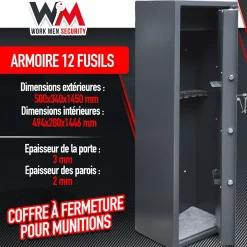 Work Men Armoire À Fusils-Armoire à fusils 500X340X1450mm avec coffre intérieur - 12 fusils - Workmen Security