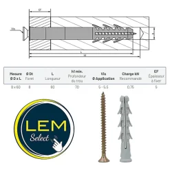 Lem Select Boite de 50 chevilles Nylon Polyamide avec vis 8x60mm
