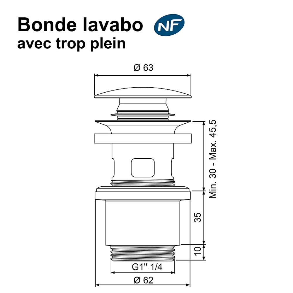 Rousseau Evacuation De Lavabo-Vasque-Bonde de lavabo ø 63 mm avec clapet clic clac ou fixe effet graphite mat noir
