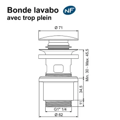 Rousseau Evacuation De Lavabo-Vasque-Bonde de lavabo ø 71 mm avec clapet clic clac ou fixe noir