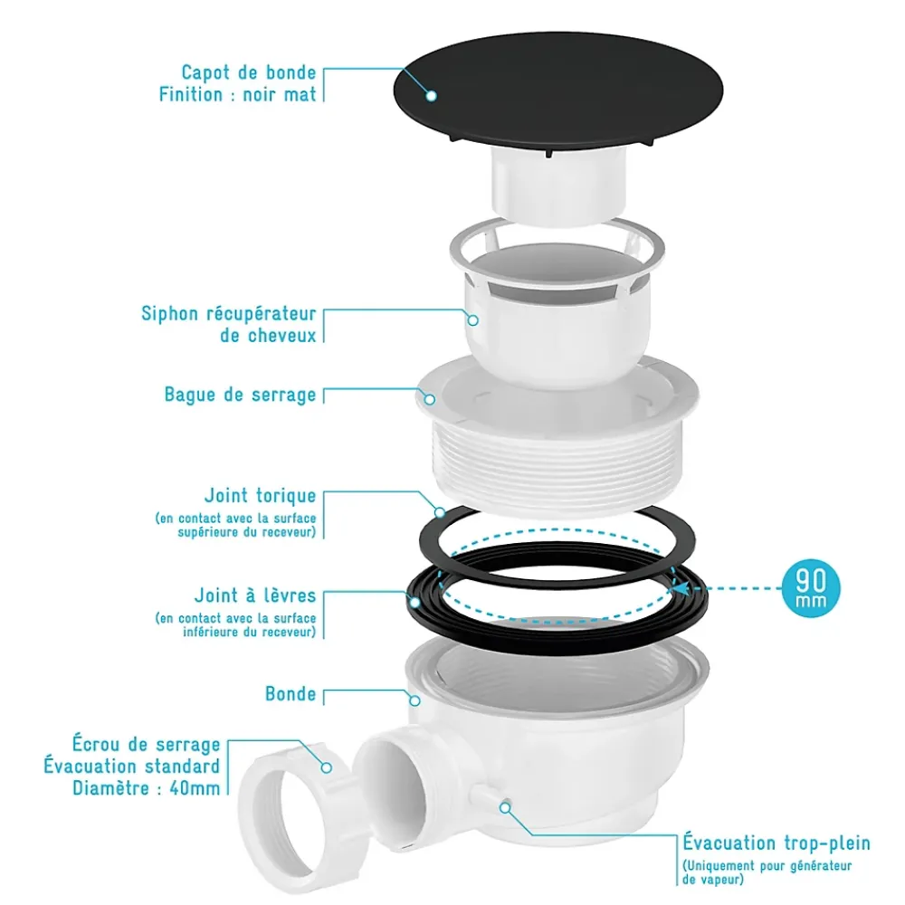 Galedo Bonde pour receveur de douche Pure 2/Pedra, capot noir,