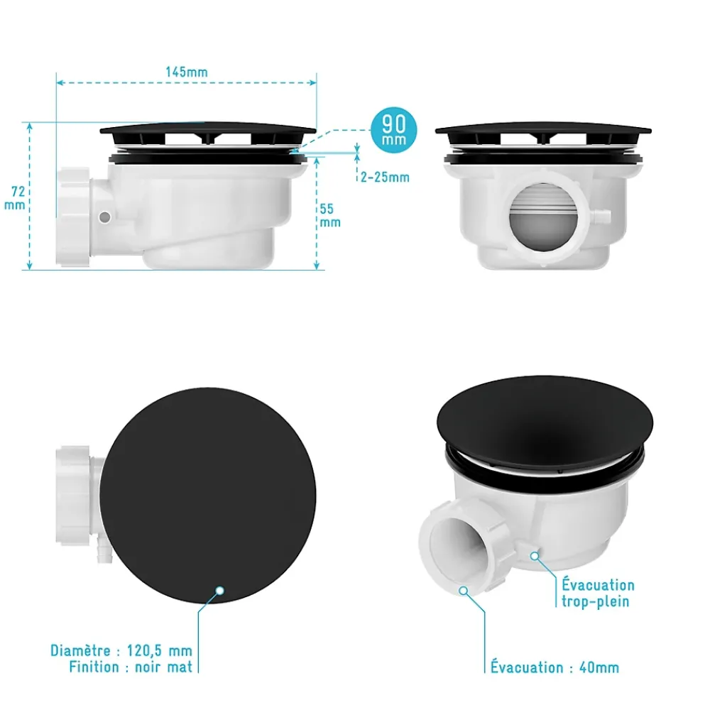 Galedo Bonde pour receveur de douche Pure 2/Pedra, capot noir,