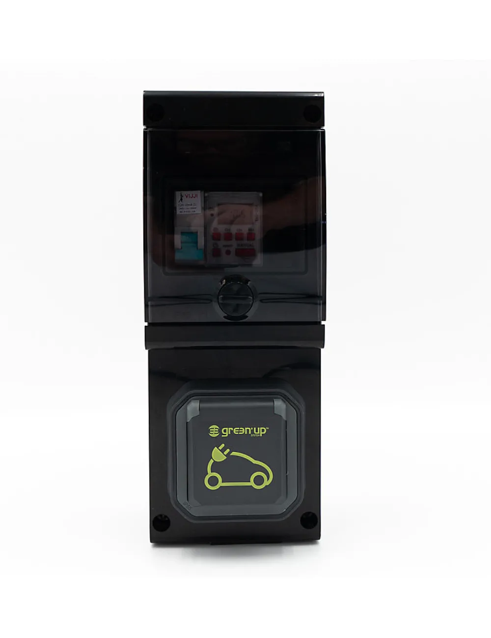 Carré Rouge Borne De Recharge Avec Horloge équipée D'une Prise Green'up Complète Avec Protections