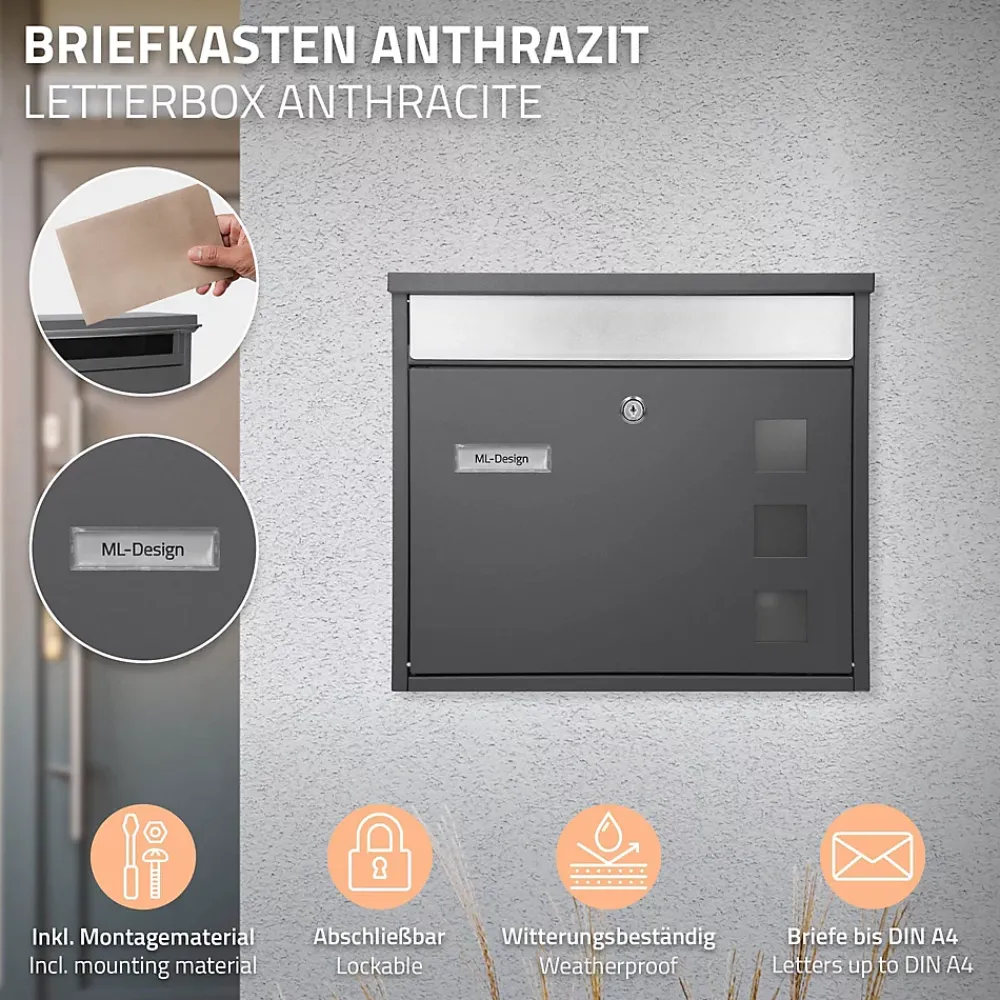 Ml-Design Boîte aux lettres anthracite-argent avec support métallisé 120cm+ kit de montage