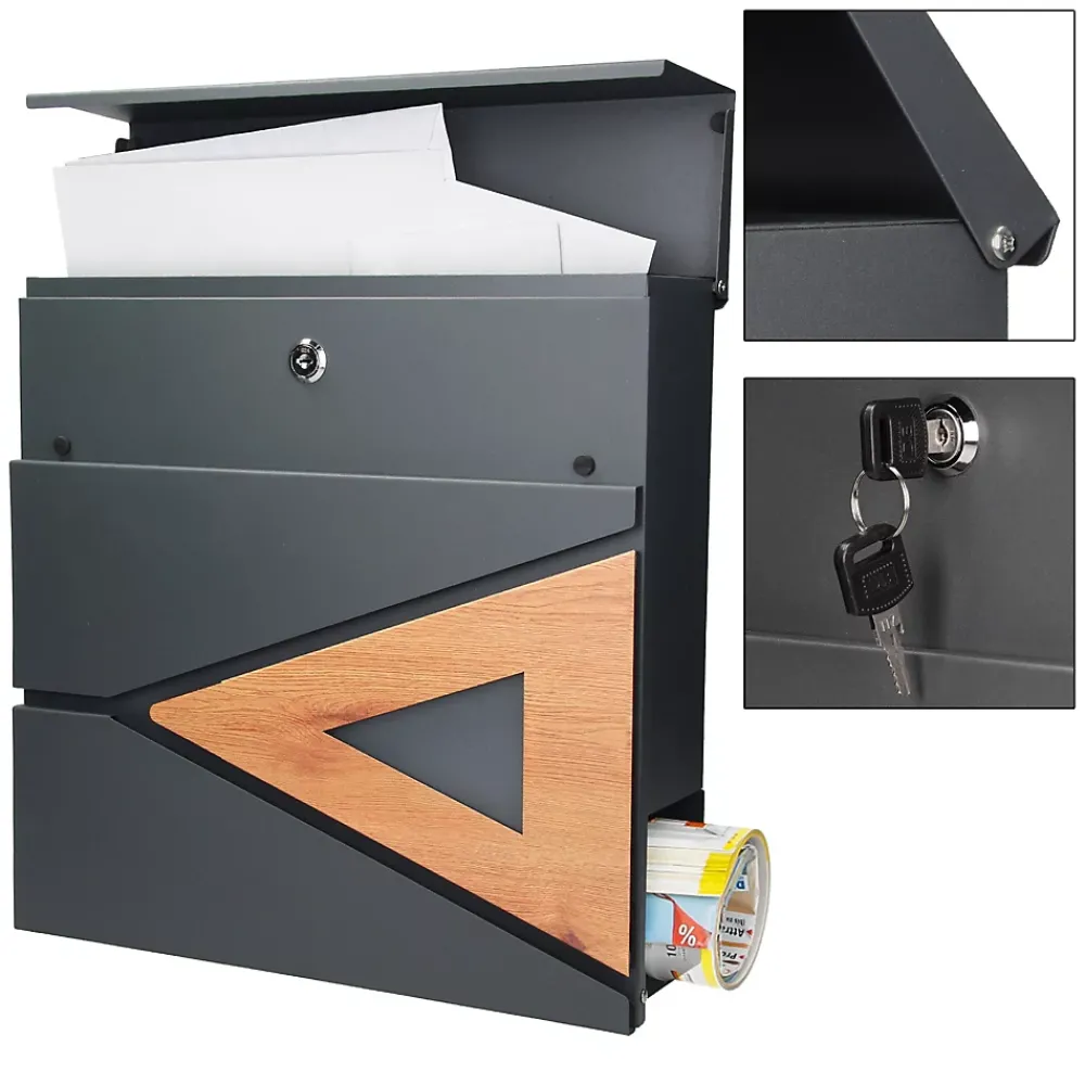 Ml-Design Boîte Aux Lettres 1 Porte-Boîte aux lettres anthracite/bois naturel avec support argenté acier inoxydable