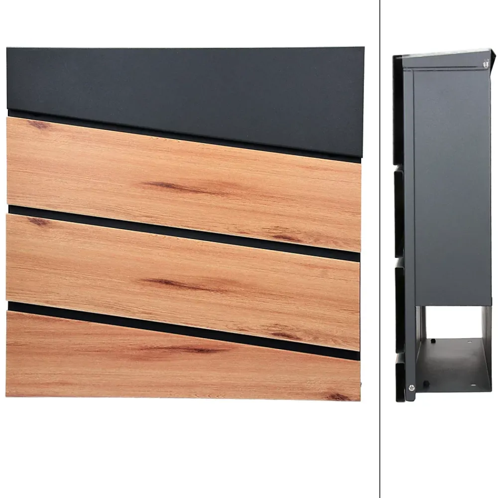 Ml-Design Boîte Aux Lettres 1 Porte-Boîte aux lettres anthracite / imitation bois avec support argenté en acier