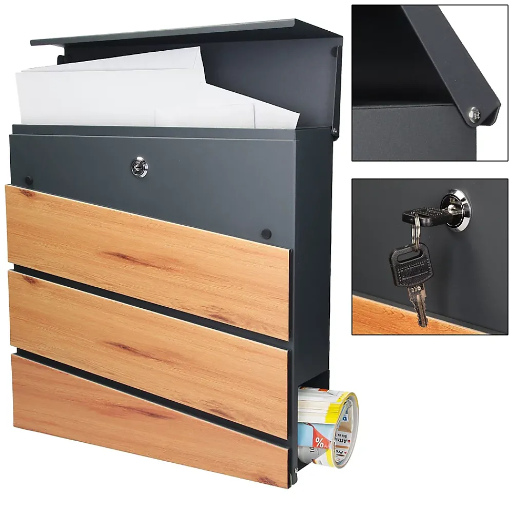 Ml-Design Boîte aux lettres murale anthracite design bois avec 2 clés inclus 11x37x26,5 cm