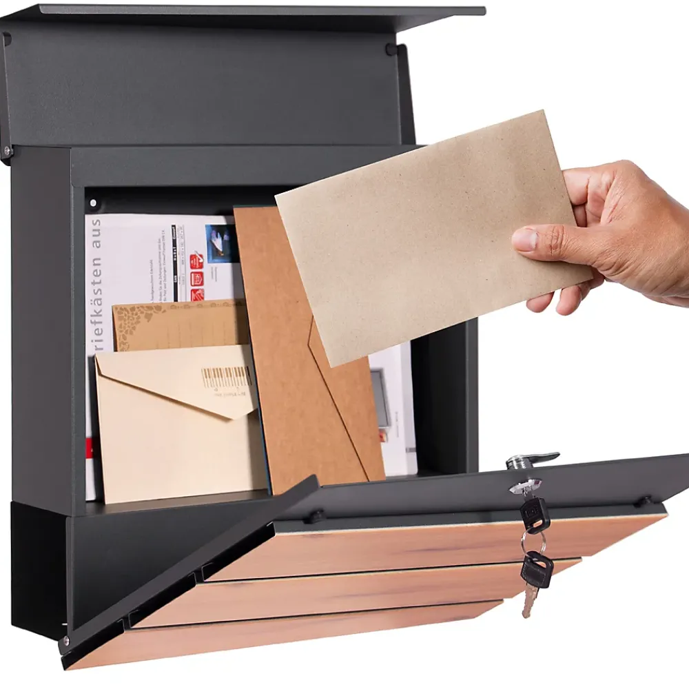 Ml-Design Boîte aux lettres murale anthracite design bois avec 2 clés inclus 11x37x26,5 cm