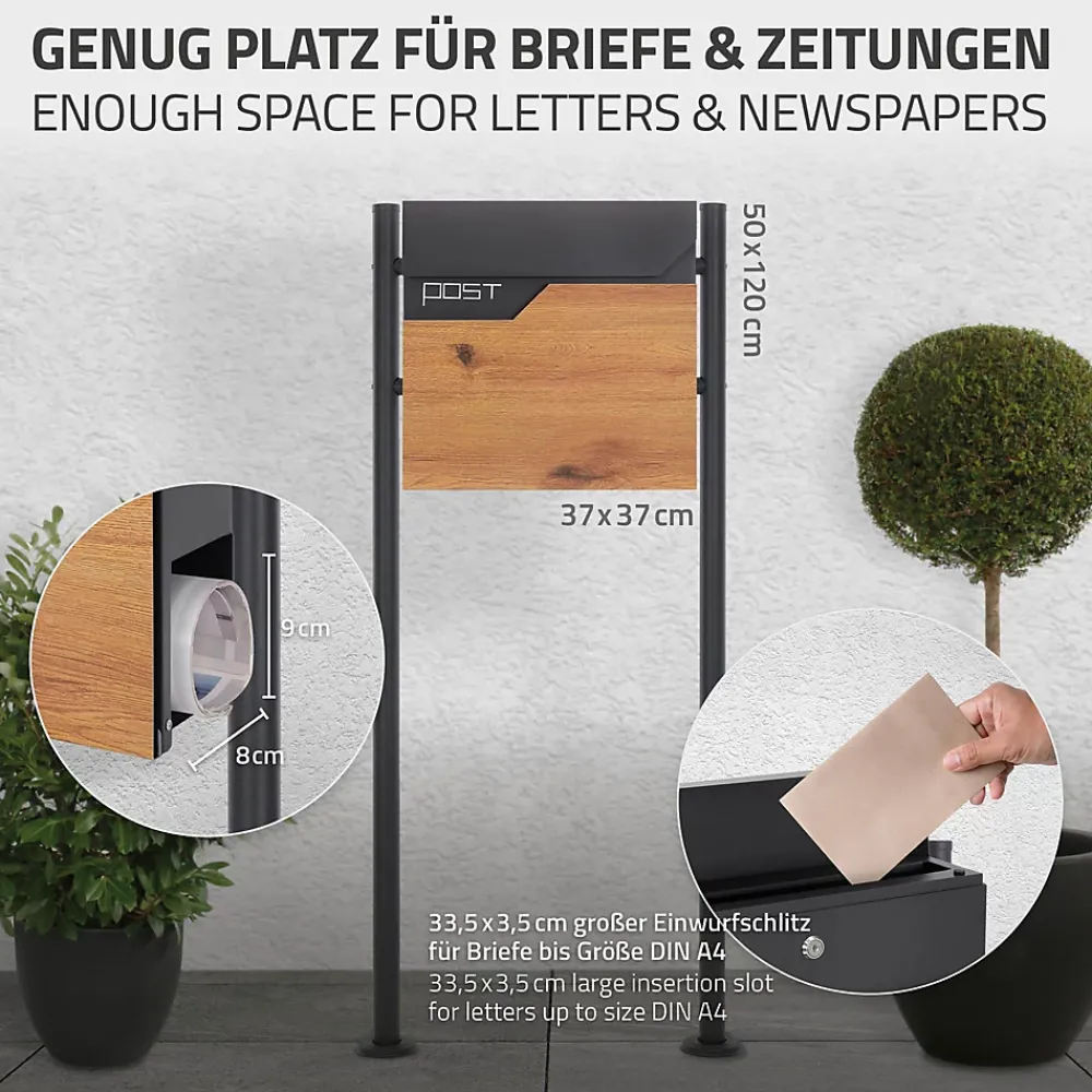 Ml-Design Boîte aux lettres sur pieds boîte postale anthracite imitation bois avec support