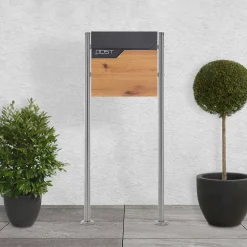 Ml-Design Boîte aux lettres sur pieds boîte postale anthracite/aspect bois +support argent