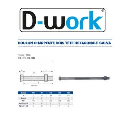 D-Work 50 Boulons Charpente Tête Hexagonale F/Partiel 12 x 500 mm - 4014/4032 - 5.8 - Galvanisé -