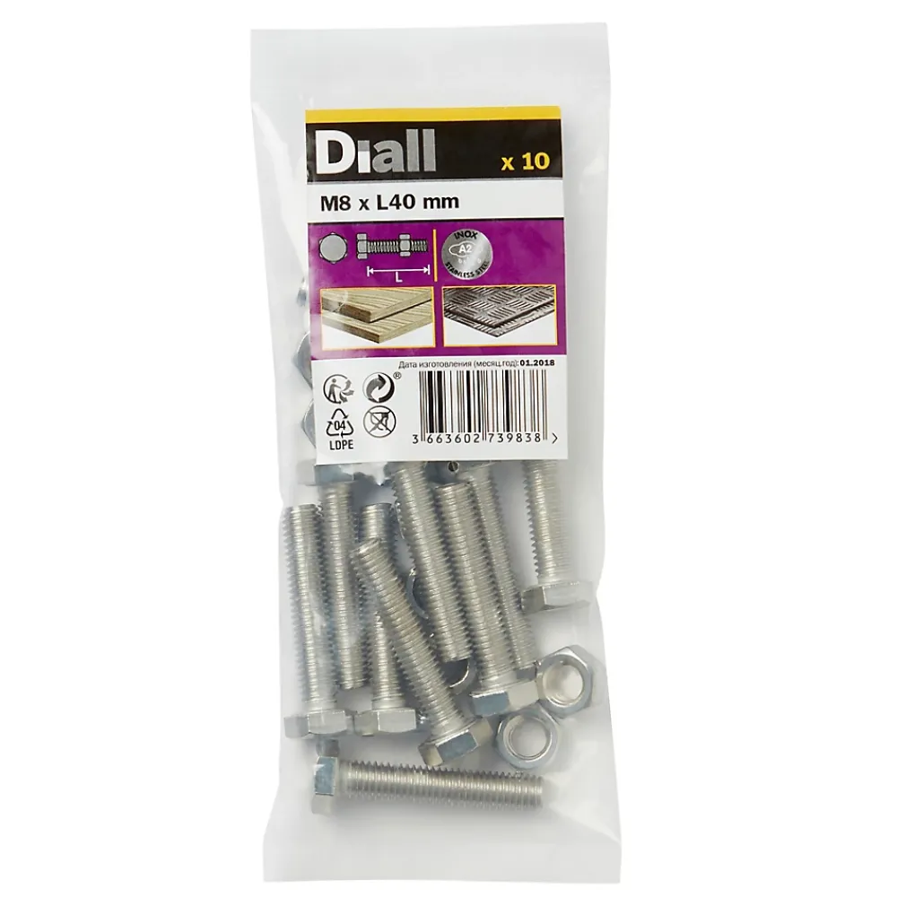 Diall Boulon-10 boulons tête héxagonale inox 8 x 40 mm