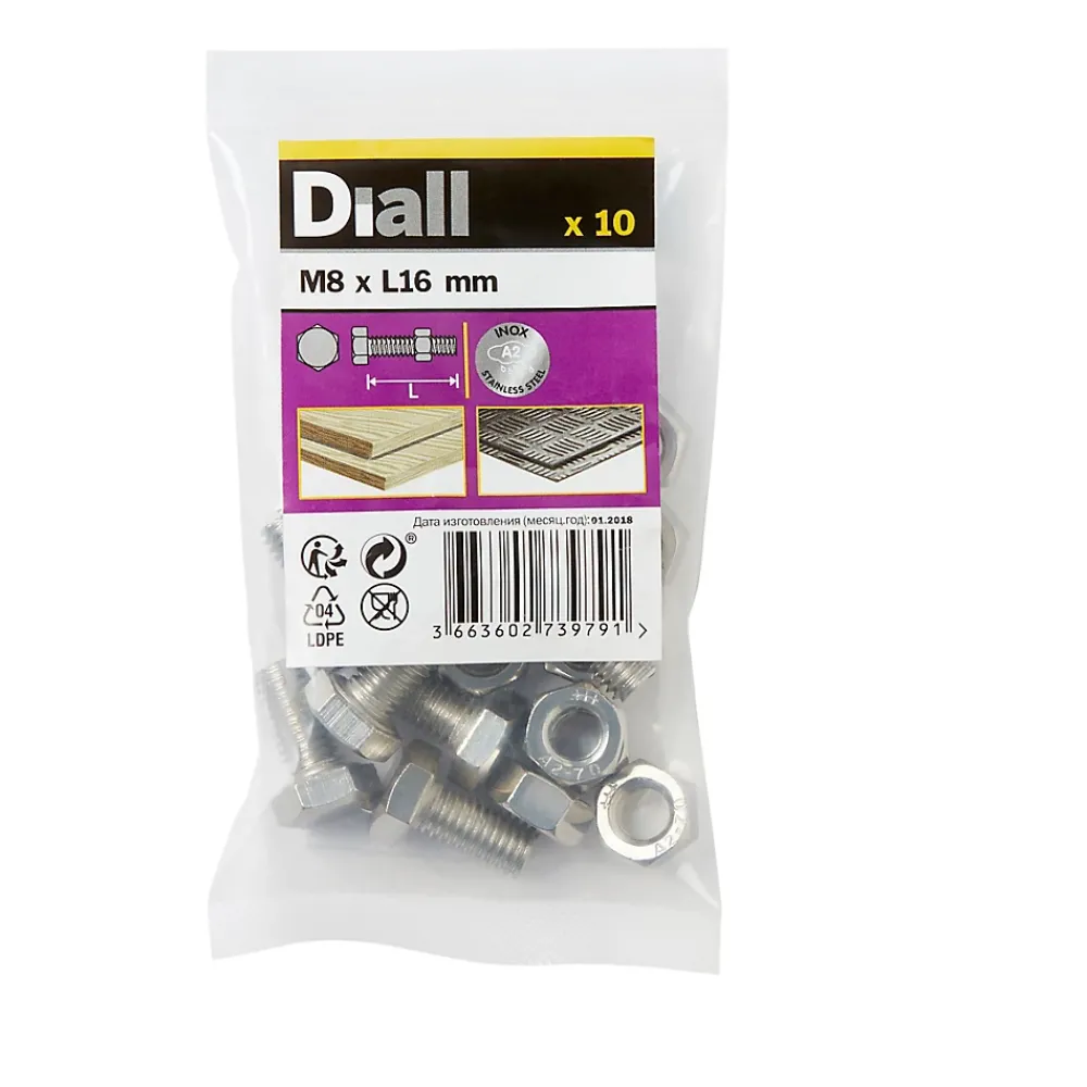 Diall 10 boulons tête héxagonale inox 8 x 16 mm