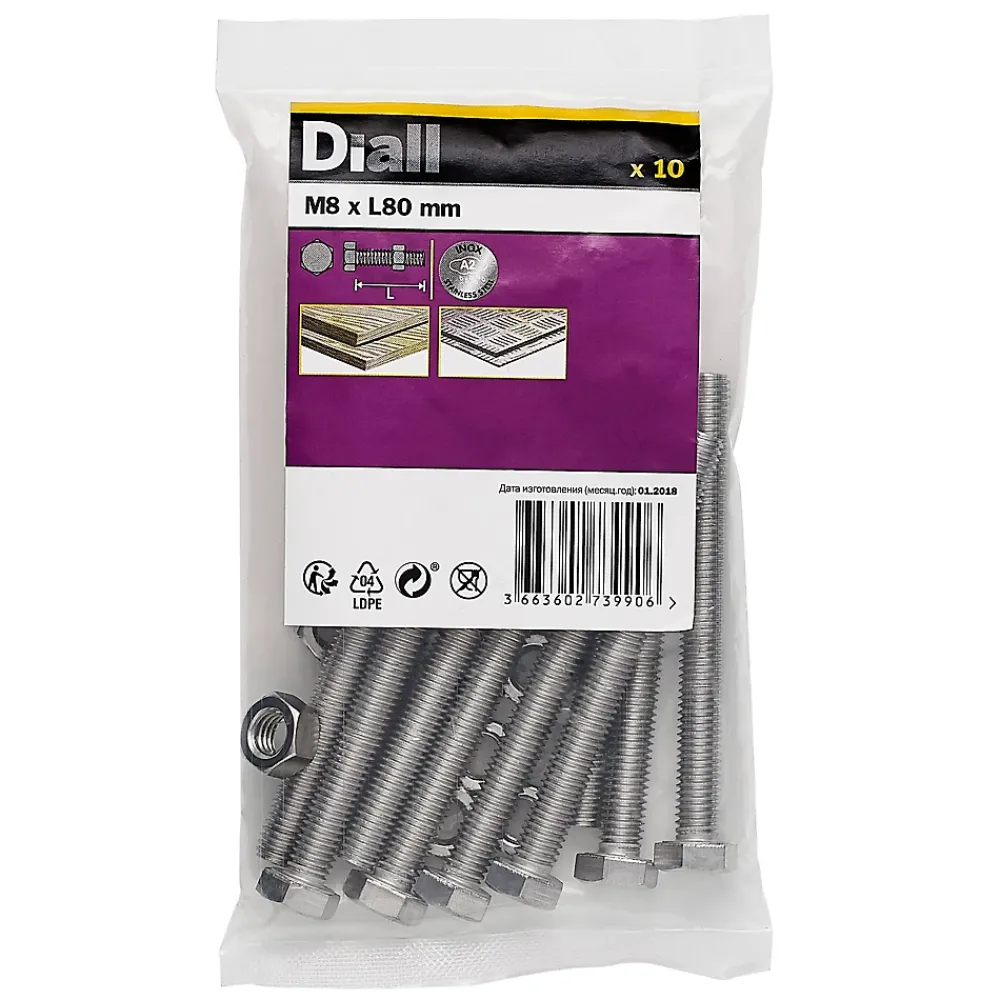 Diall 10 boulons tête héxagonale inox 8 x 80 mm
