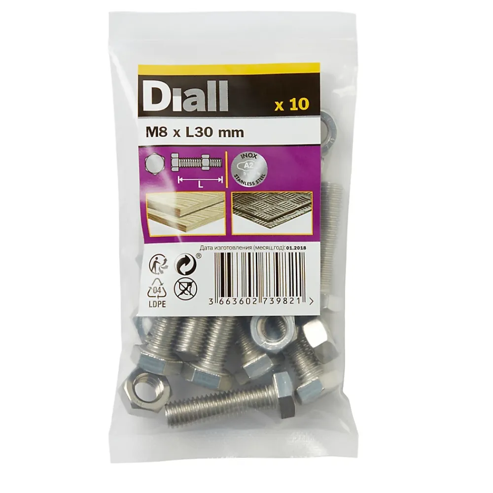Diall 10 boulons tête héxagonale inox 8 x 30 mm