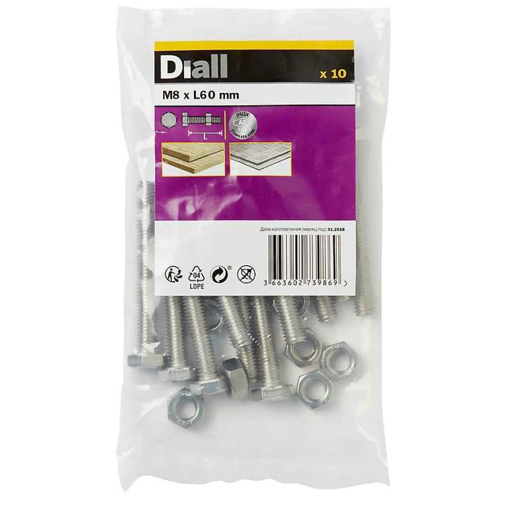 Diall 10 boulons tête héxagonale inox 8 x 60 mm