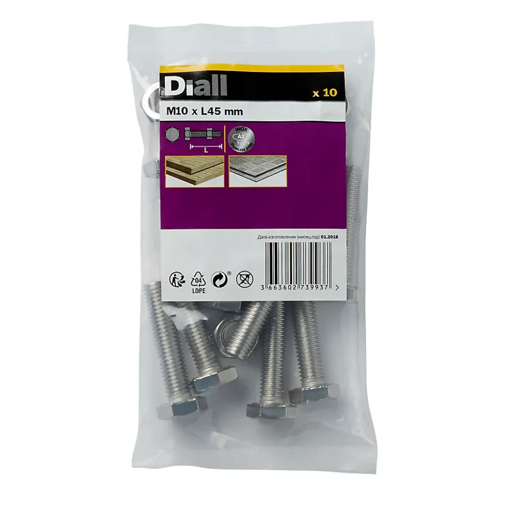 Diall Boulon-10 boulons tête héxagonale inox 10 x 45 mm