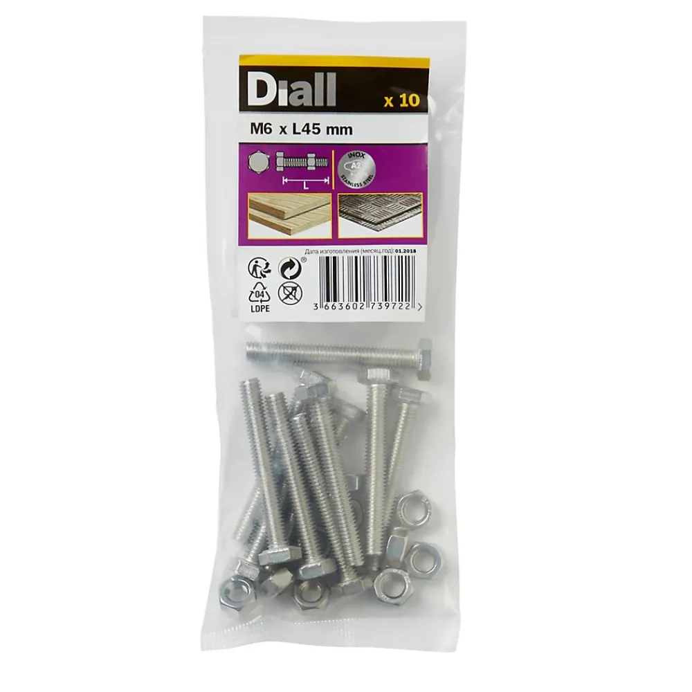 Diall 10 boulons tête héxagonale inox 6 x 45 mm