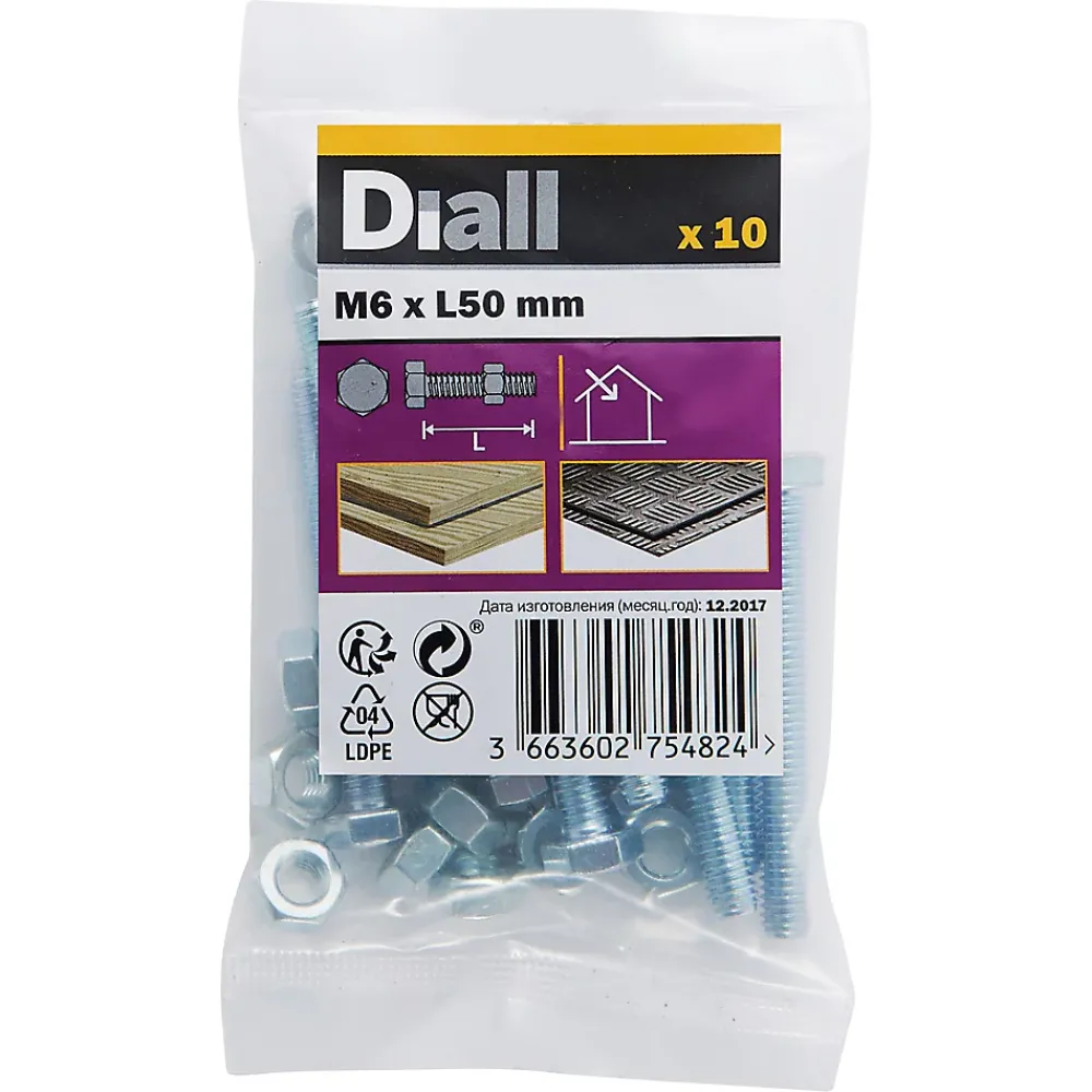 Diall Boulon-10 boulons tête héxagonale zingué 6 x 50 mm