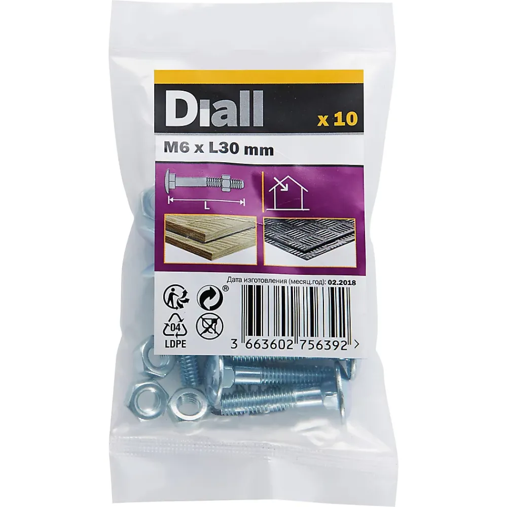 Diall 10 boulons tête ronde collet carré 6 x 30 mm