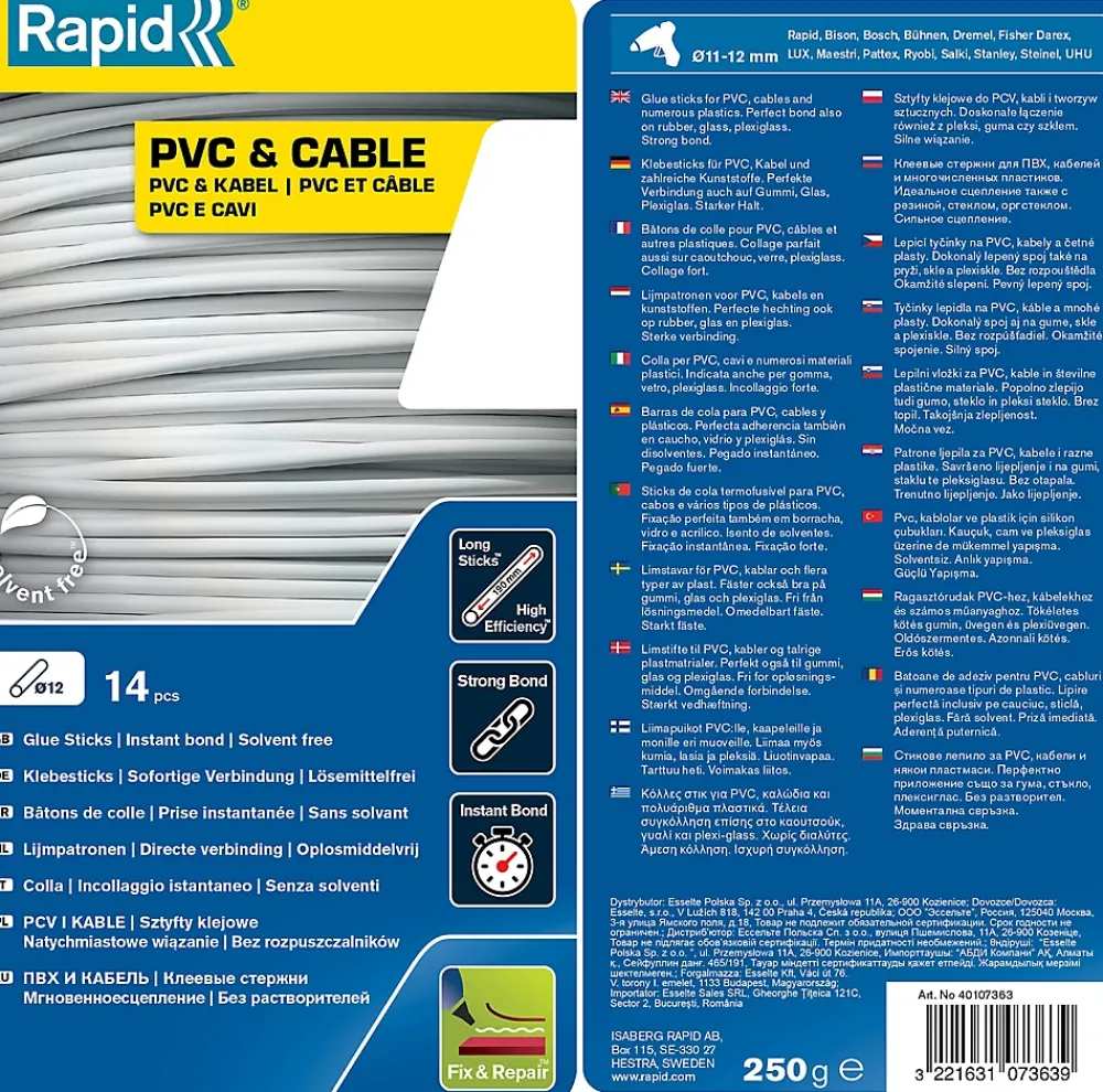 Rapid Bâtons de colle PVC & câbles 12 mm. Parfait pour les travaux de fixation et de réparation. Paquet de 14 bâtons longs.
