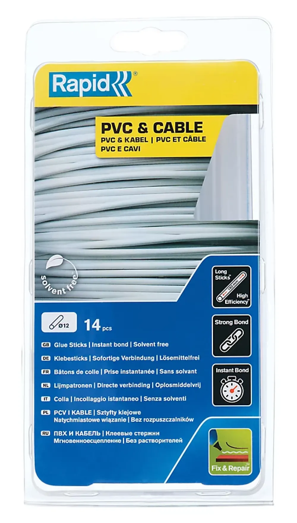 Rapid Bâtons de colle PVC & câbles 12 mm. Parfait pour les travaux de fixation et de réparation. Paquet de 14 bâtons longs.