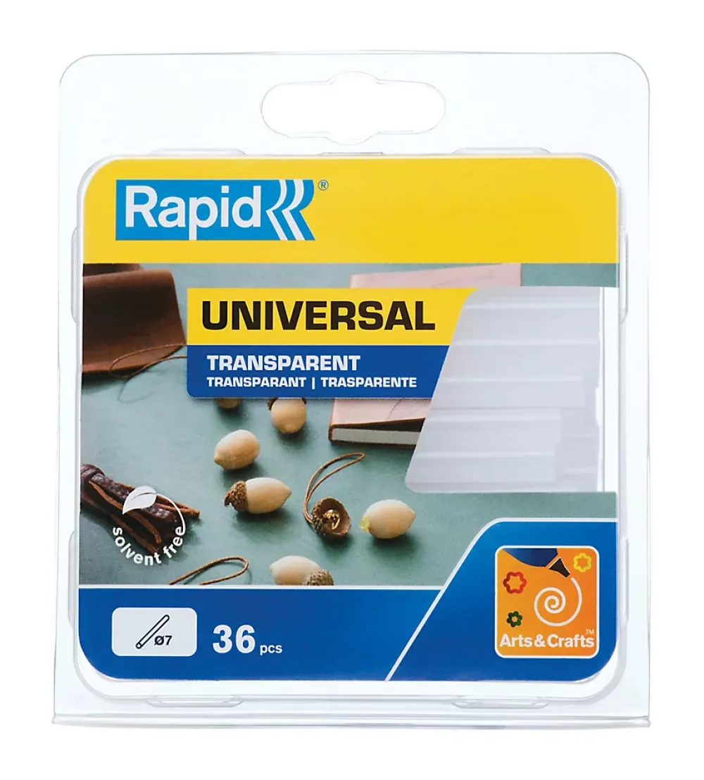 Rapid Bâtons de colle transparente universelle 7 mm. Paquet de 36 bâtons courts.