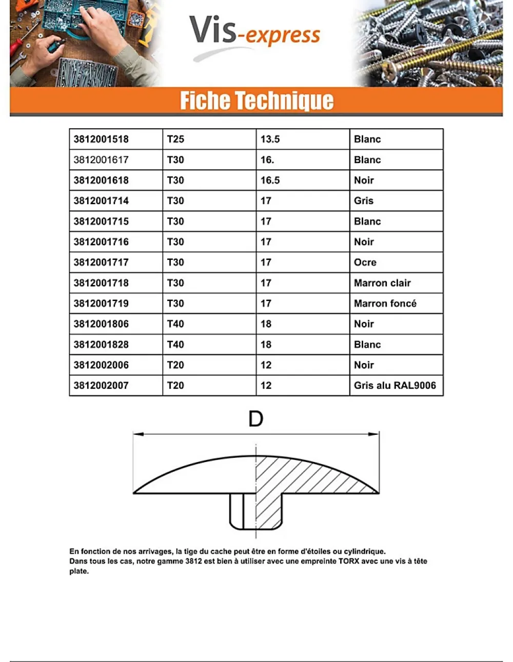 Vis Express Cache Vis Et Cache Trou-Cache vis Tête fraisée TORX TORX T25 Diamètre de tête: 13.5 nylon noir - 100 pièces