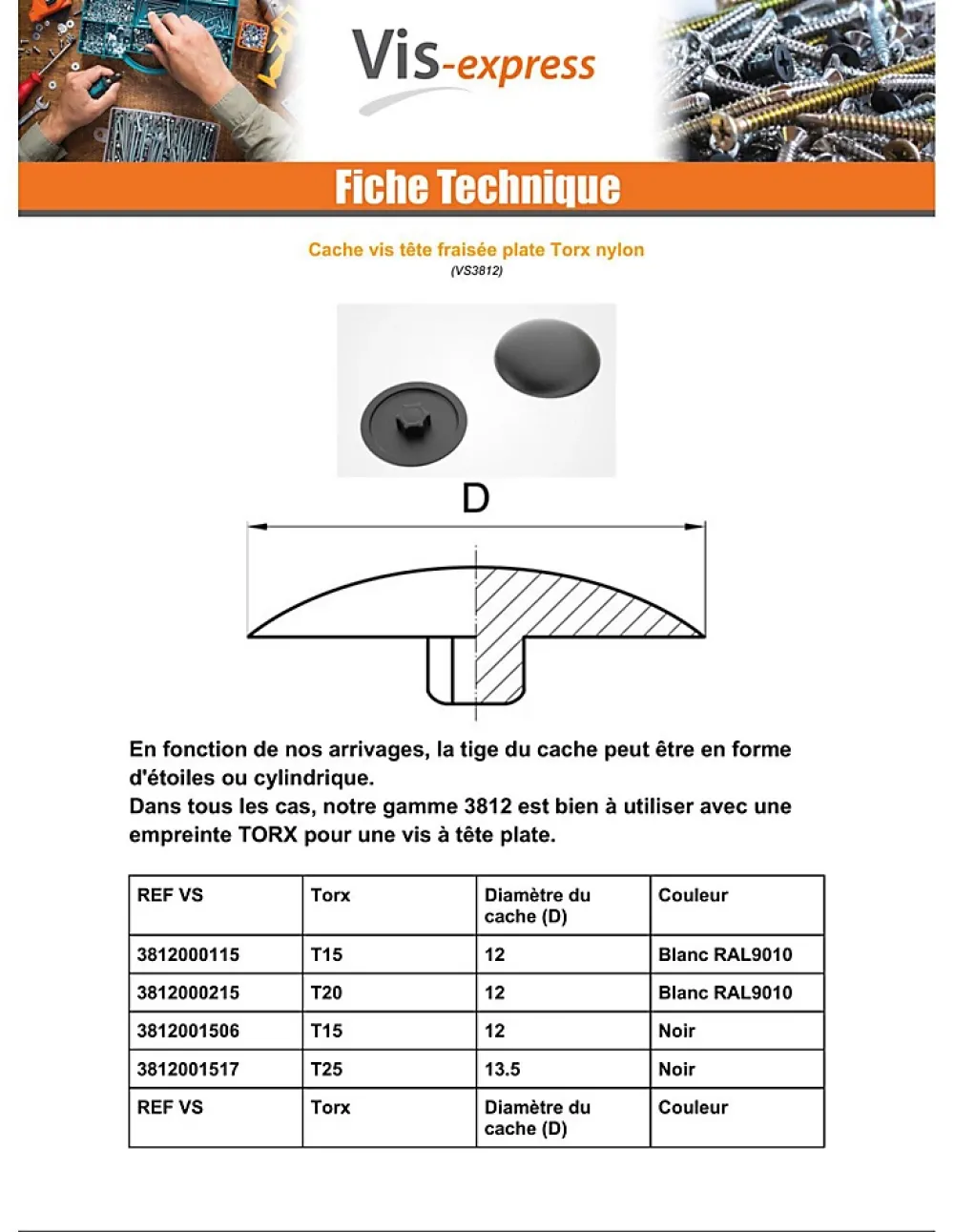 Vis Express Cache Vis Et Cache Trou-Cache vis Tête fraisée TORX TORX T25 Diamètre de tête: 13.5 nylon noir - 100 pièces