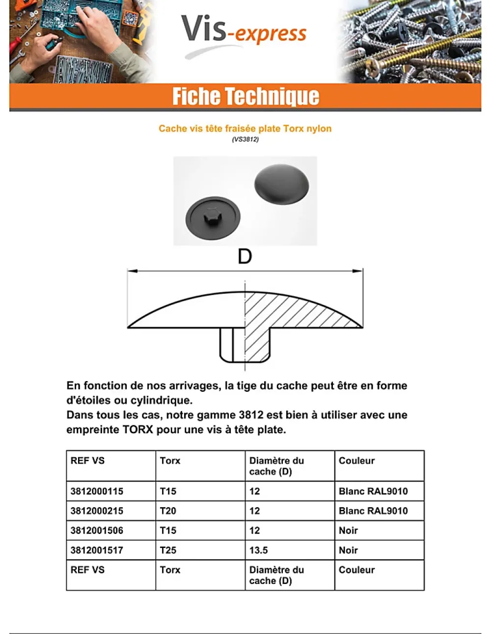 Vis Express Cache vis Tête fraisée TORX TORX T20 Diamètre de tête: 12 Nylon RAL9010 blanc pur - 1 pièce