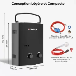 Camplux Chauffe-Eau Gaz-AY132B-DE Chauffe-eau instantanés portables de 5L/min au gaz Propane/Butane (50mbar)