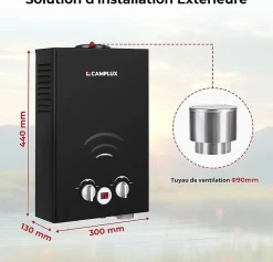 Camplux Chauffe-Eau Gaz-BW158BC Chauffe-eau instantané au propane/butane 6 l/min 30/37 mbar avec housse contre la pluie