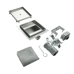 Saniverre Caniveau de douche à carreler carré CIREA 20 x 20 cm, siphon anti-odeurs, drainage 36l/min, hauteur réglable