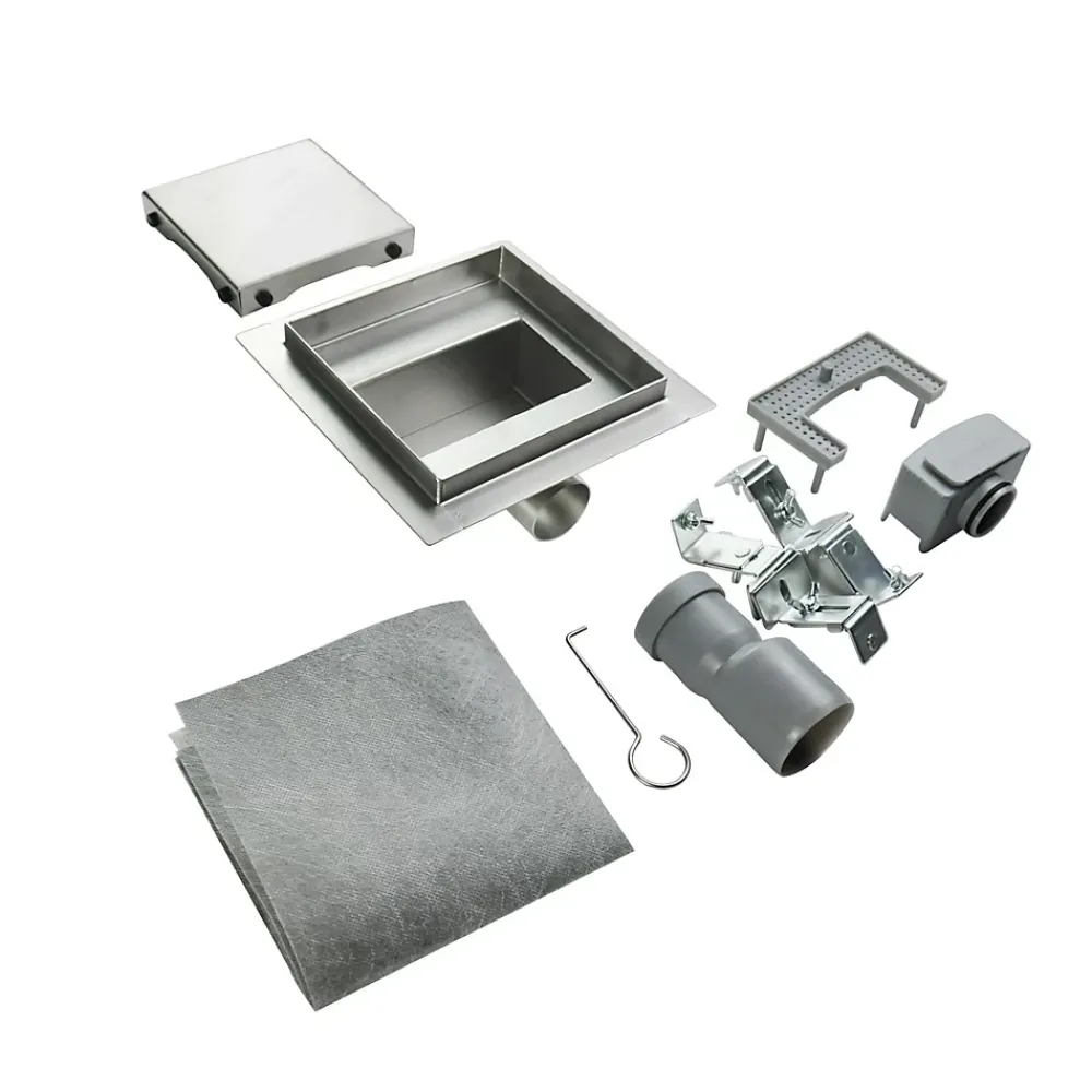 Saniverre Caniveau de douche carré inox CARA 20 x 20 cm avec siphon anti-odeurs, drainage 36l/min, hauteur réglable