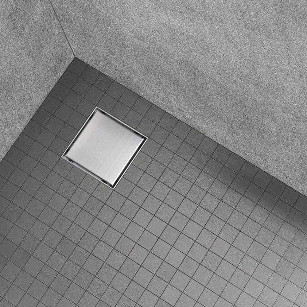 Saniverre Caniveau de douche carré inox CARA 25 x 25 cm avec siphon anti-odeurs, drainage 36l/min, hauteur réglable