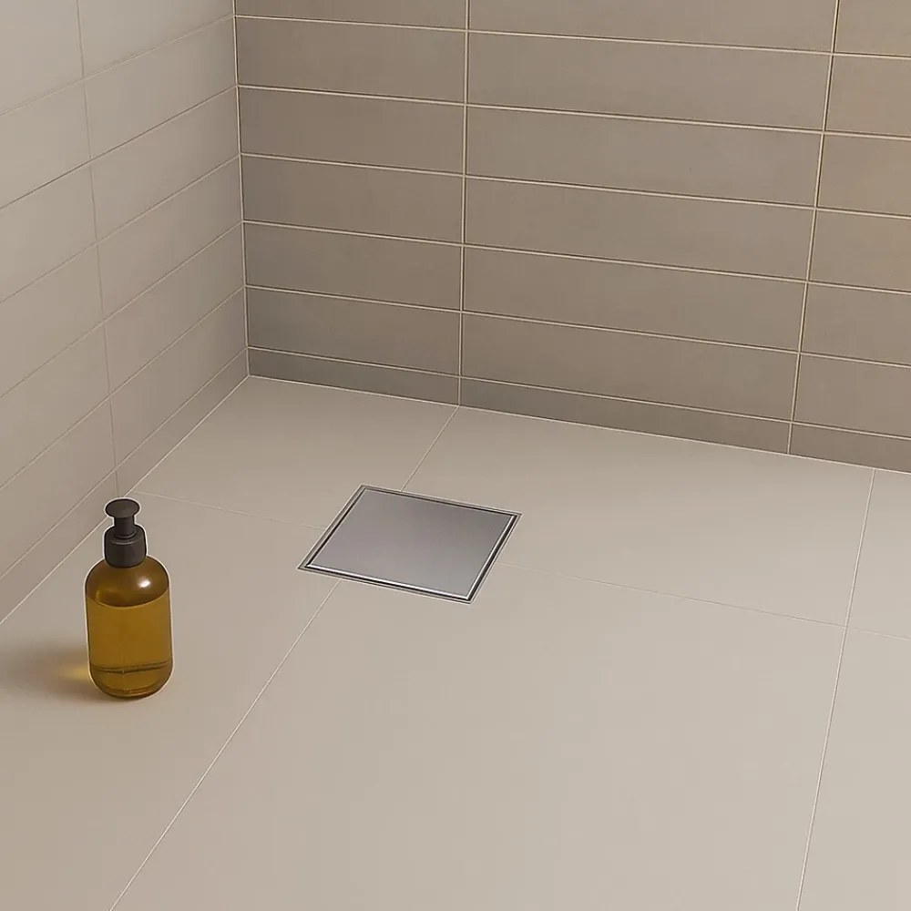 Saniverre Caniveau de douche carré inox CARA 25 x 25 cm avec siphon anti-odeurs, drainage 36l/min, hauteur réglable