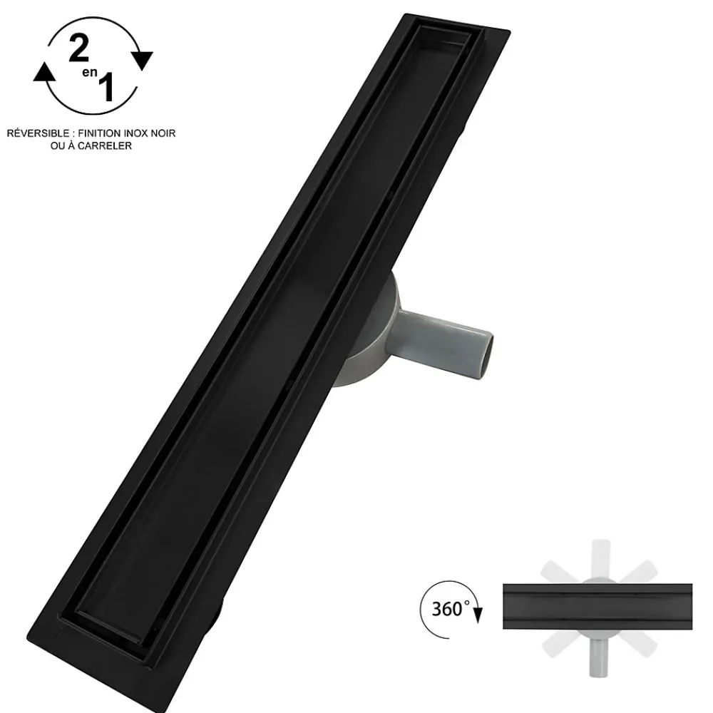Saniverre Evacuation De Douche-Caniveau de douche 2en1 VINY L.100 cm, réversible à carreler ou inox noir + siphon 360, drainage 36l/min -