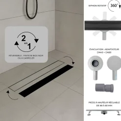 Saniverre Evacuation De Douche-Caniveau de douche 2en1 VINY L.100 cm, réversible à carreler ou inox noir + siphon 360, drainage 36l/min -