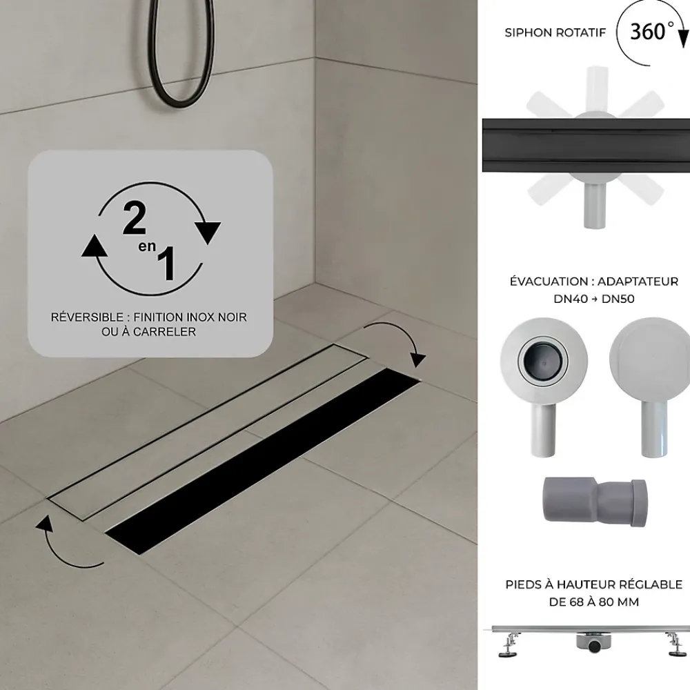 Saniverre Evacuation De Douche-Caniveau de douche 2en1 VINY L.80 cm, réversible à carreler ou inox noir + siphon 360, drainage 36l/min -