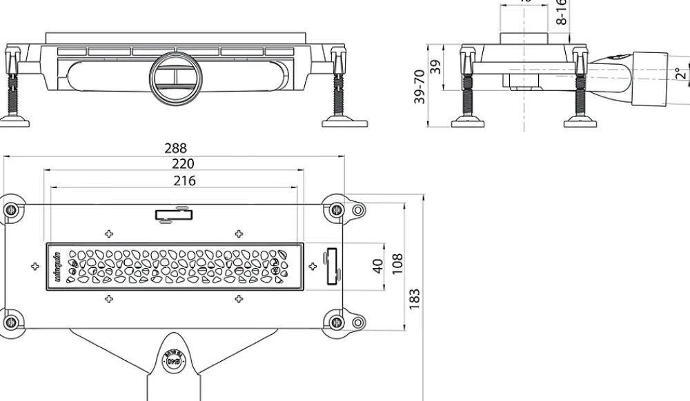 Wirquin Caniveau de douche extraplat So Line L.220 D40 - 288 mm