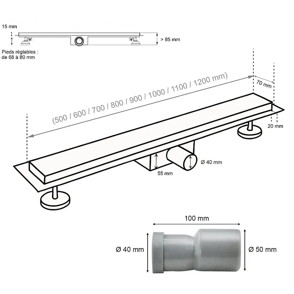 Saniverre Evacuation De Douche-Caniveau de douche Italienne DALA inox L.120 cm anti-odeurs + filtre, drainage performant -