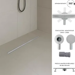 Saniverre Caniveau de douche italienne étroit TIKA L.90 cm acier inoxydable avec siphon 360, drainage 36l/min