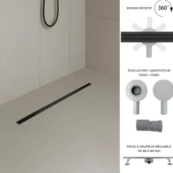 Saniverre Evacuation De Douche-Caniveau de douche italienne étroit TIKA L.70 cm acier inoxydable avec siphon 360, drainage 36l/min