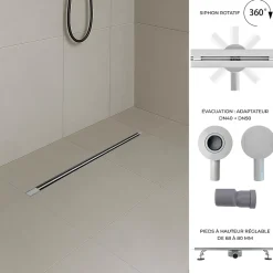 Saniverre Caniveau de douche italienne slim DEKI L.80 cm acier inoxydable avec siphon 360, drainage performant
