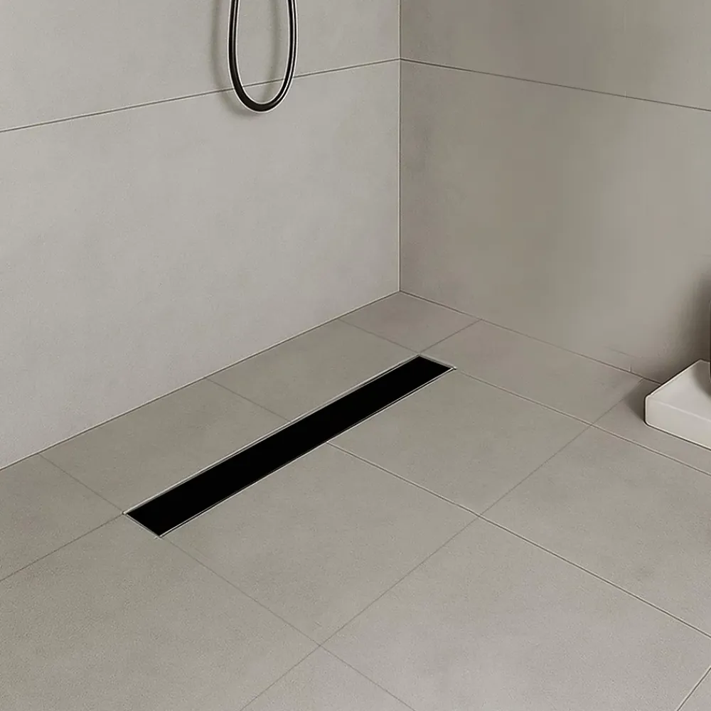 Saniverre Caniveau de douche KODY L.60 cm verre noir et inox, siphon anti-odeurs, drainage performant -